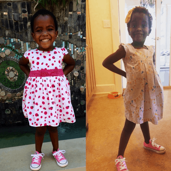  JANUARY 2015 & AUGUST 2015  Although she’s still rocking the same pink sneakers, we’ve gone up two shoe sizes!  